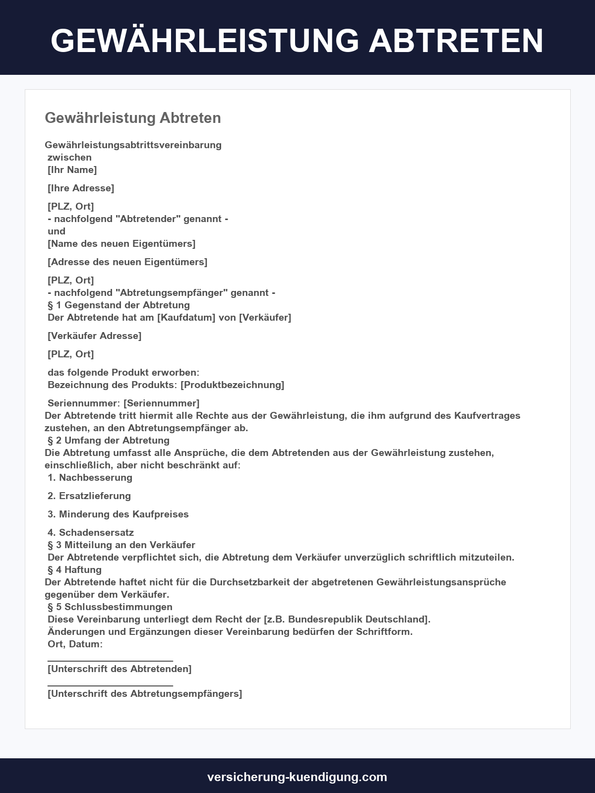 Gewährleistung Abtreten Vorlage