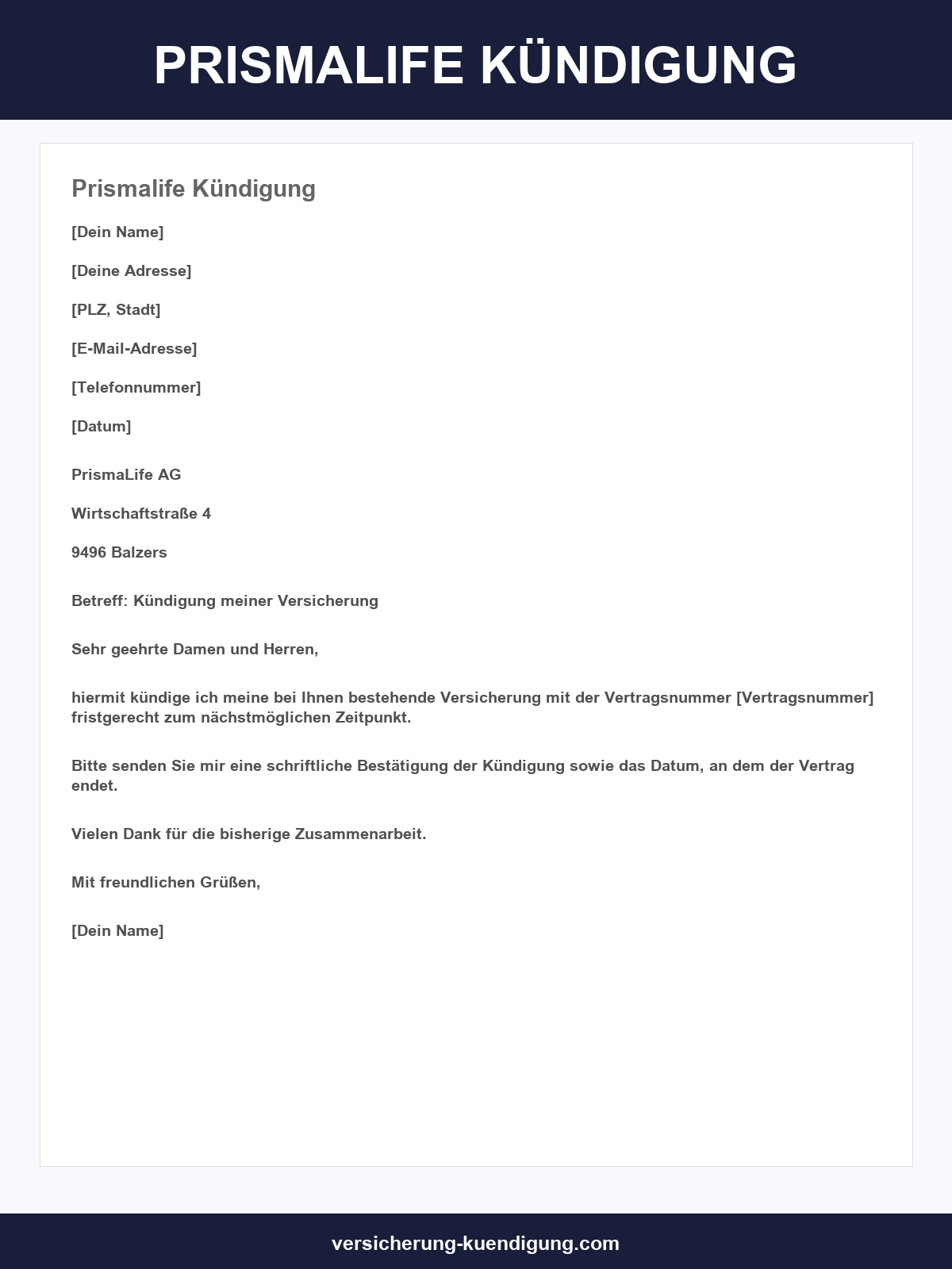 Prismalife Kündigung Vorlage